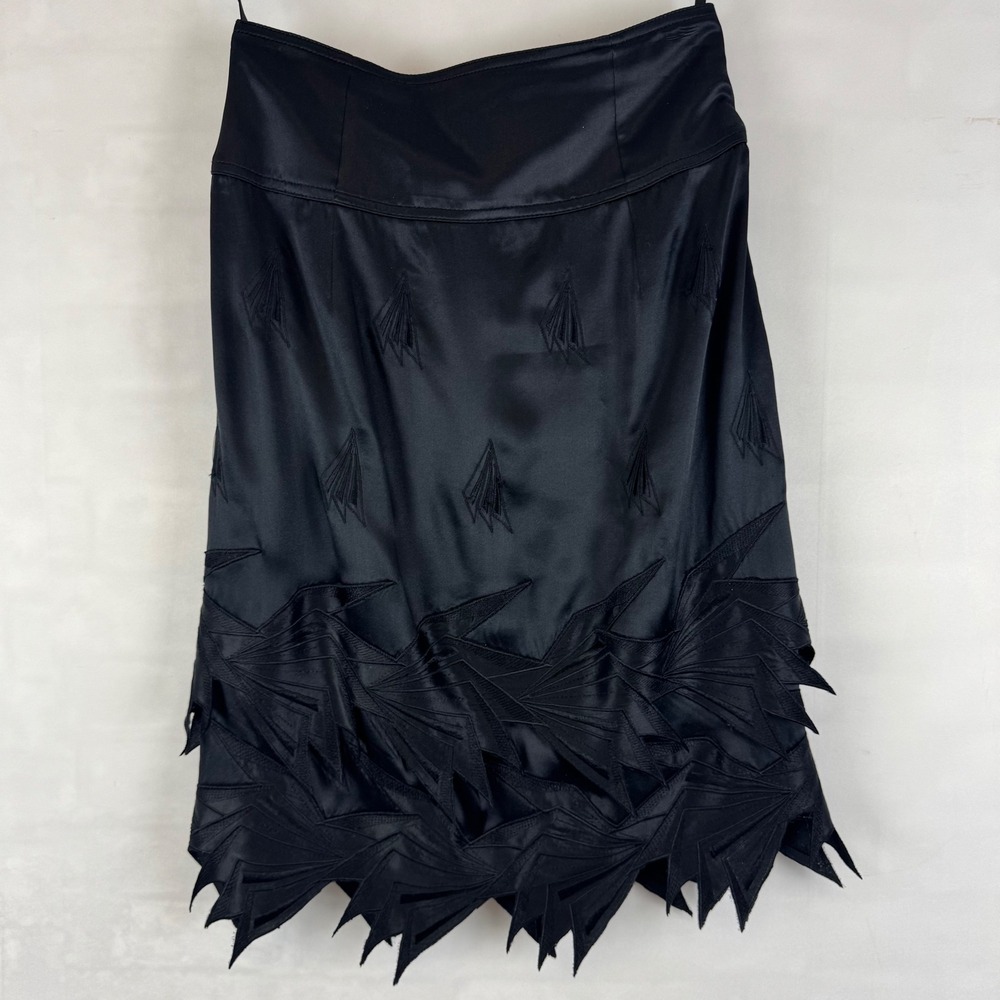 Catherine Malandrino Black Silk Skirt Geometric Appliqué Hem Size 2‎